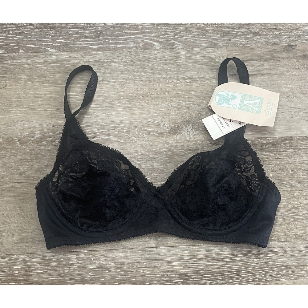 Vintage Adonna 34B Black Floral Flower Lace Underwire Unlined Bra Style 1835